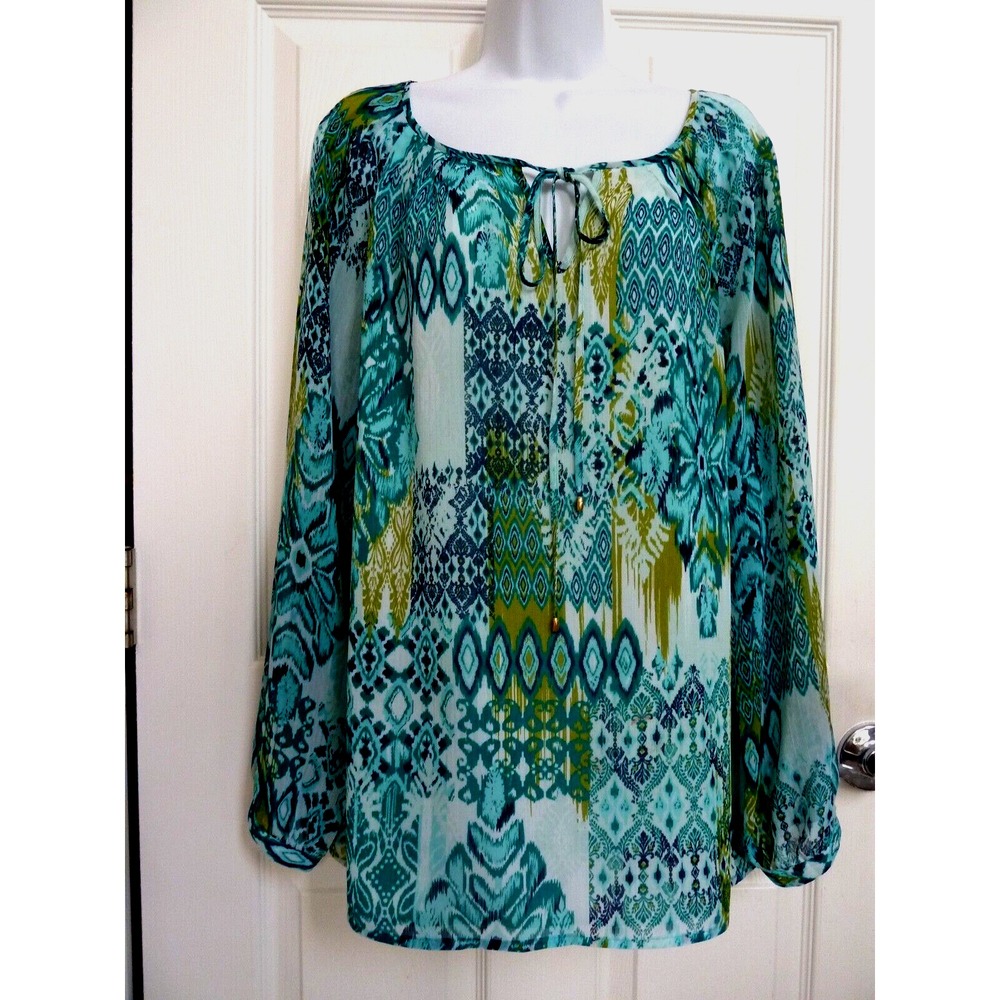 Jones New York Signature Patchwork Blouse L Large Teal Green Lined V-Neck Tie